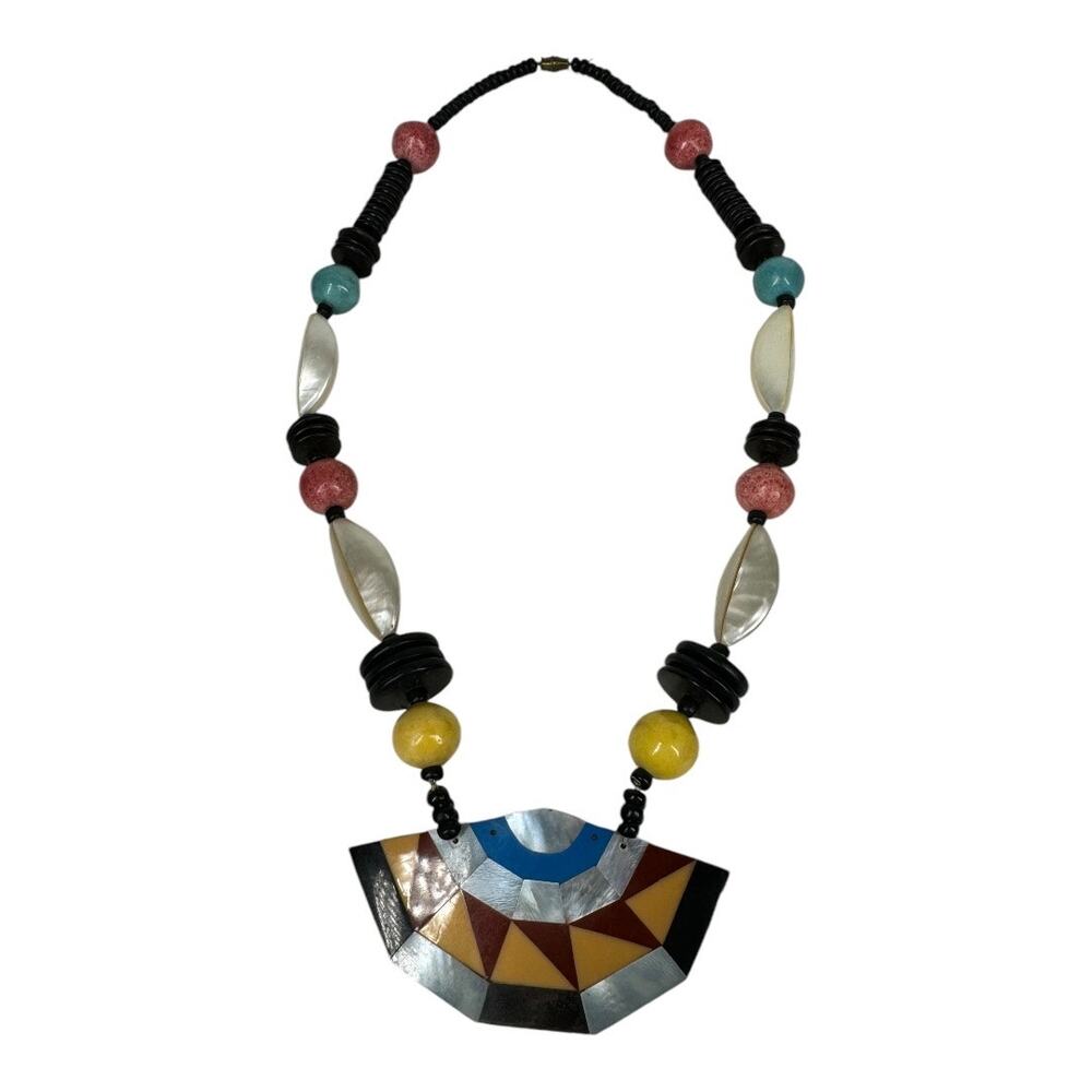 Vintage Inlay Acrylic Shell Necklace Long Beaded Statement MOP Mother Of Pearl